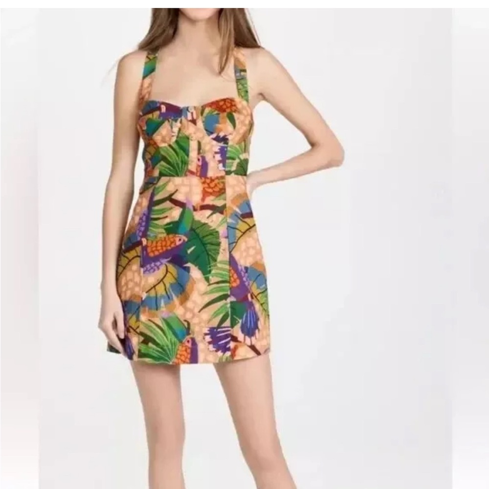 House of Harlow 1960 Vibrant Tropical Mini Dress Criss Cross Size Medium 🧡 🦜 - Picture 2 of 6